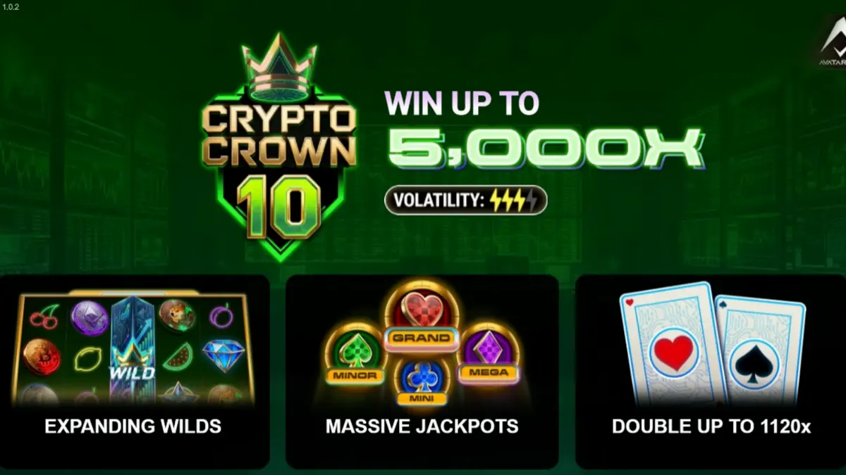Crypto Crown 10 স্লট গেমের নিয়ন এবং ডিজিটাল থিমযুক্ত ইন্টারফেস